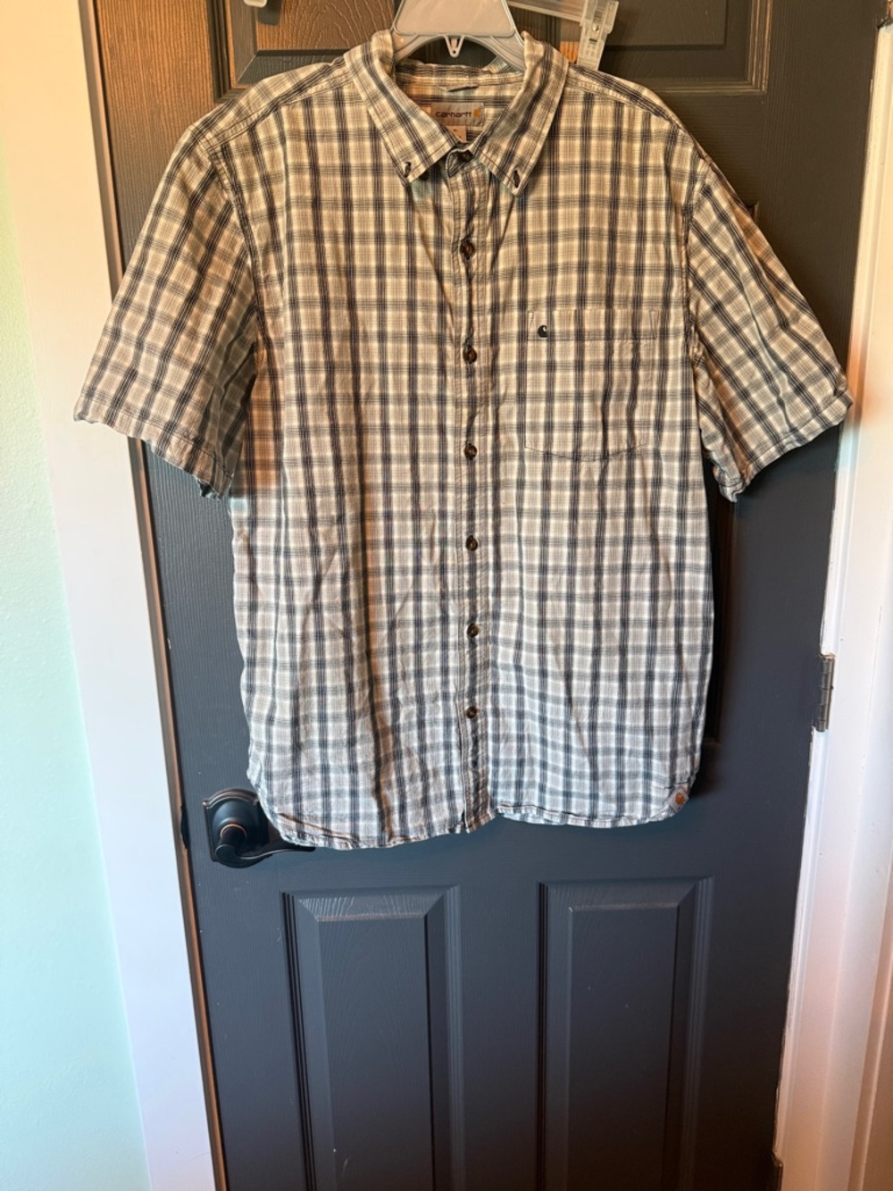 Carhartt Men's Short-Sleeve Plaid Button-Down Shirt in Gray and Tan